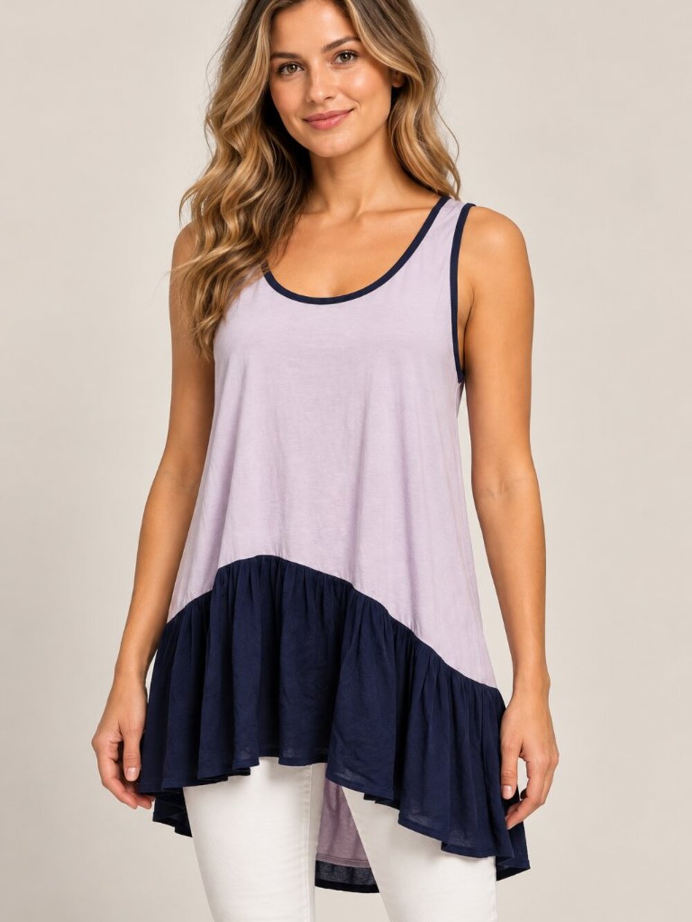 Entro NWT Small Pink Navy Colorblock Ruffle Tank Top Criss Cross Back Babydoll